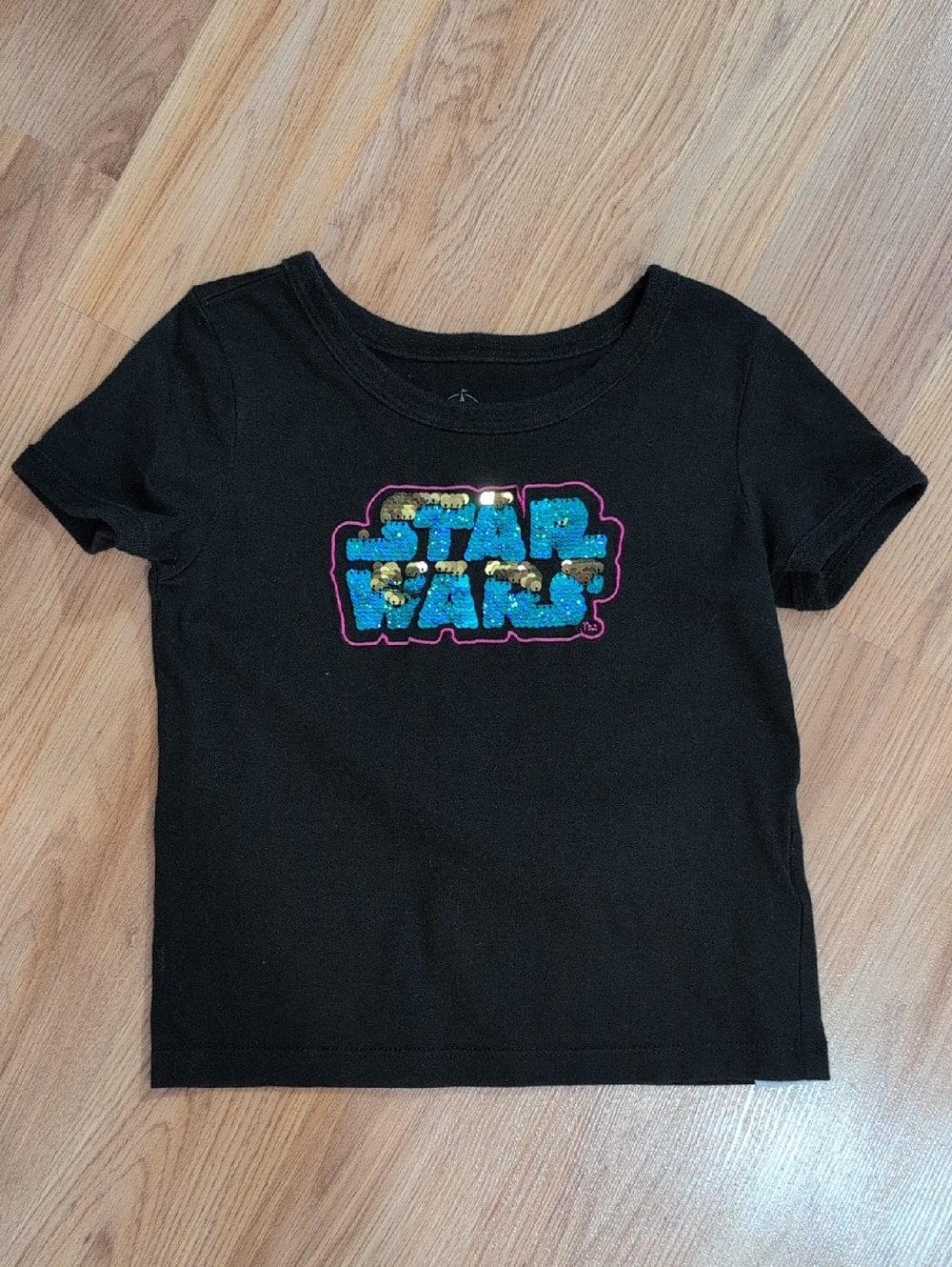 Disney Black T‑Shirt with Sparkly Blue and Gold Sequin Star Wars Logo